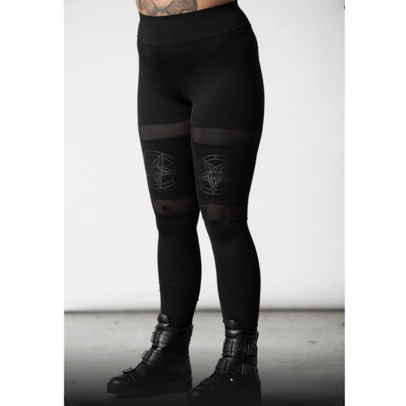 Killstar Hellbound Leggings ✦ Mesh Inserts & Statement Print ✦ Black Stretch NWT - Picture 1 of 9